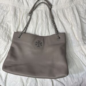 Tory Burch Britten‎ Tote Bag French Grey Handbag Shoulder Pebbled Leather  Chain